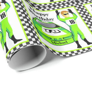 Race Car And Driver Personalized Birthday Gift Wrapping Paper