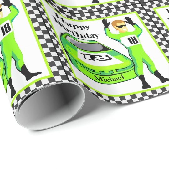 Race Car And Driver Personalized Birthday Gift Wrapping Paper
