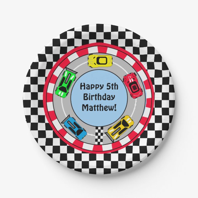 Race Car and Track Themed Boy's Birthday Party Paper Plates (Front)