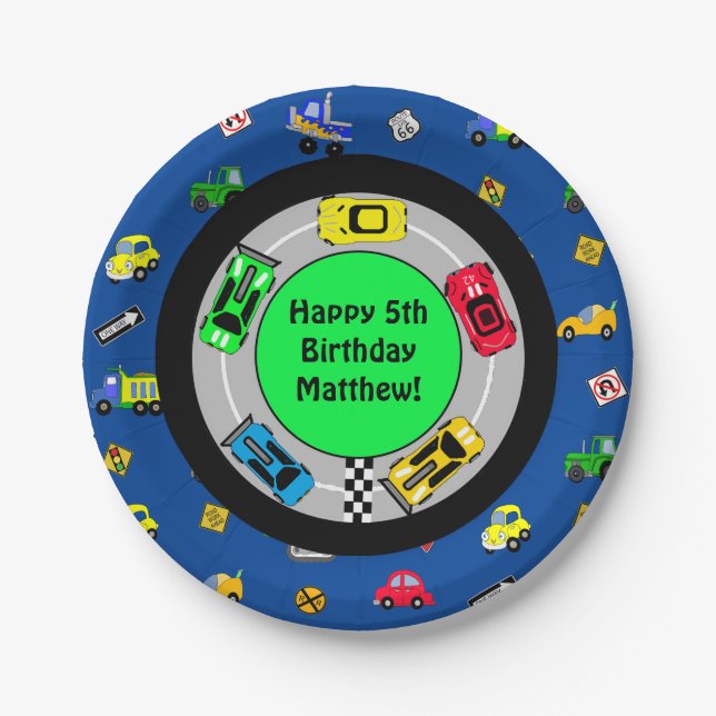 Race Car and Track Themed Boy's Birthday Party Paper Plates (Front)