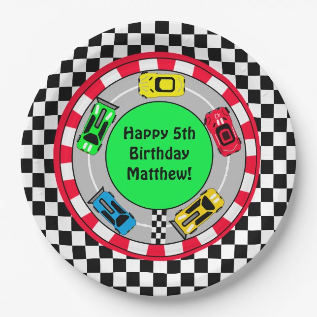 Race Car and Track Themed Boy's Birthday Party Paper Plates (Front)