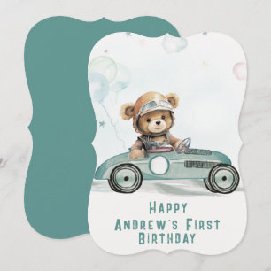 Race Car Baby Bear 1st Birthday Card