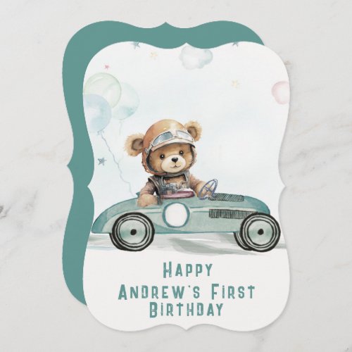 Race Car Baby Bear 1st Birthday Card