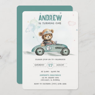 Race Car Baby Bear 1st Birthday  Invitation
