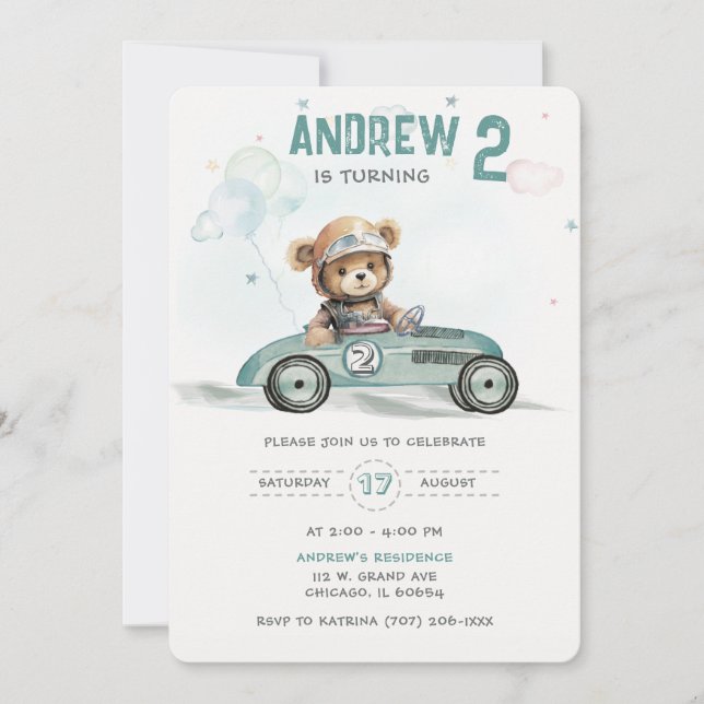 Race Car Baby Bear 2nd Birthday  Invitation (Front)