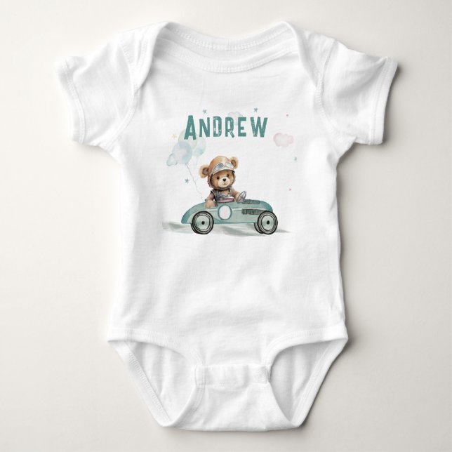 Race Car Baby Bear Baby Bodysuit (Front)