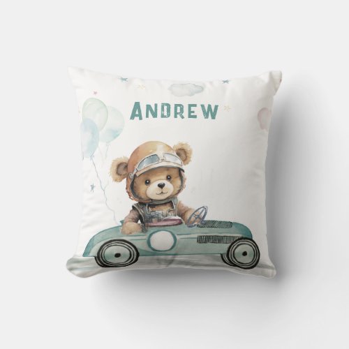 Race Car Baby Bear Throw Pillow