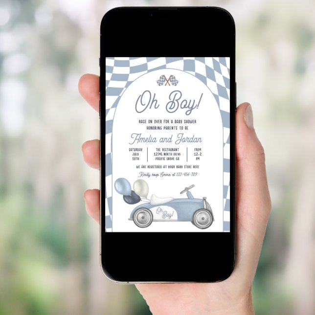 Race Car Baby Shower Boy Blue Race Car Shower Invitation (Front Digital)