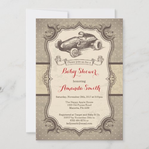 Race Car Baby Shower Invitation Vintage Retro