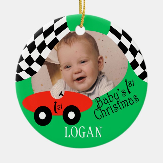 Race Car Baby's 1st Christmas Ceramic Ornament (Front)