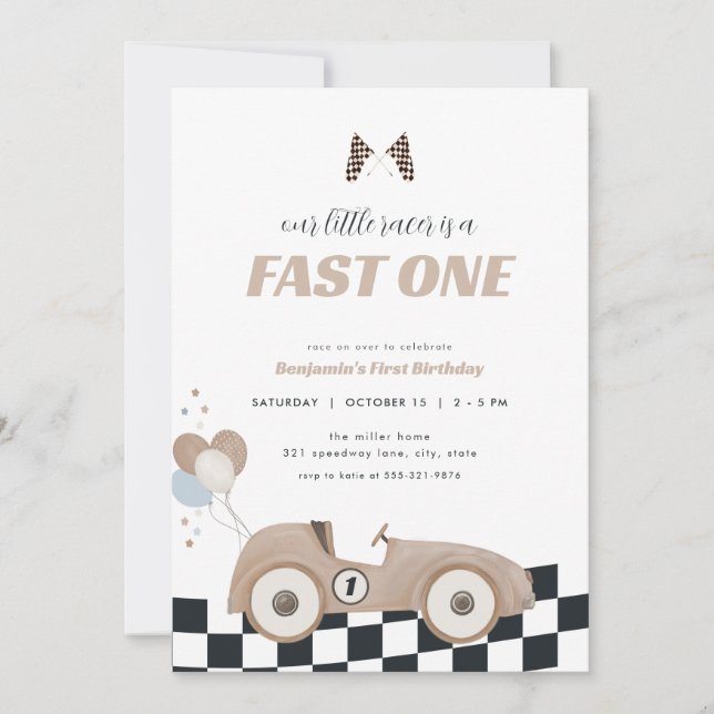 Race Car Beige Fast One First Birthday Invite  (Front)