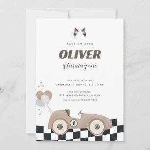 Race Car Beige Vintage Car First Birthday Invite