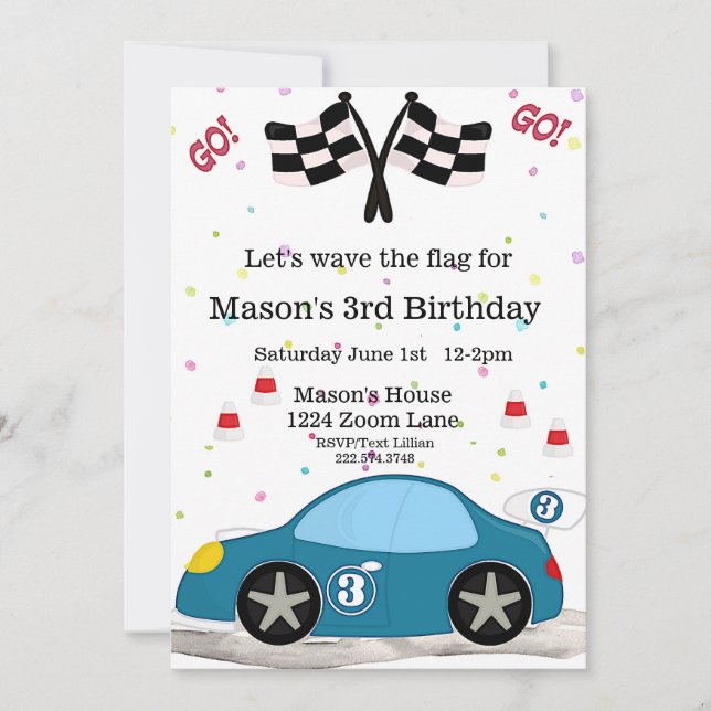 Race Car Birthday, 3rd Birthday Invitation (Front)