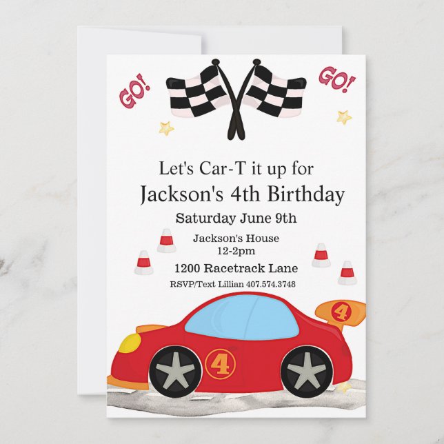 Race Car Birthday, 4th Birthday Invitation (Front)