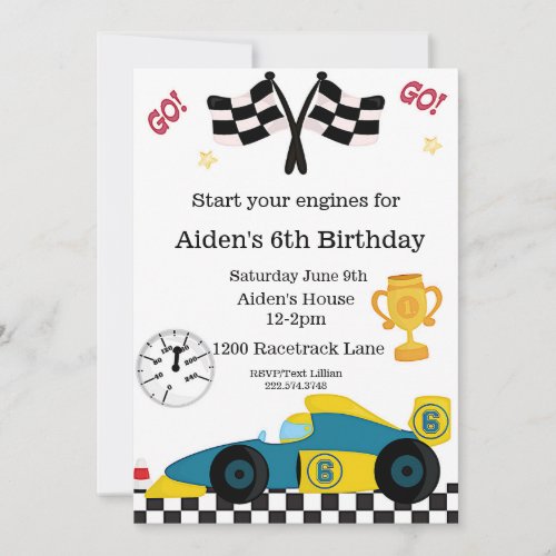 Race Car Birthday 6th Birthday Invitation