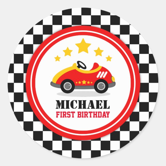 Race Car Birthday Party Classic Round Sticker (Front)