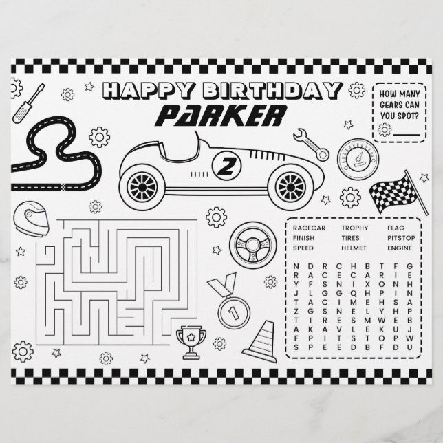Race Car Birthday Party Coloring Activity Sheet (Front)
