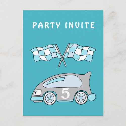 Race Car Birthday Party Invitation - A racing car invitation postcard for a kid`s birthday party celebration. A costumizable and personalizable birthday invite card with a car. All data are written on the back side of the postcard. This invitation has a blue and gray racing car with an age number on it and two blue and white racing flags. Great as a party invite for a boy`s birthday party.