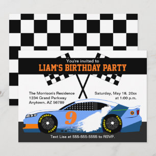 Race Car Birthday Party Light Blue White Orange Card