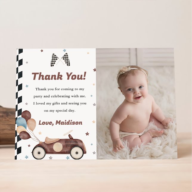 Race Car Birthday Party Photo Thank You Card (Creator Uploaded)
