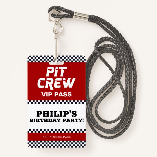 Race Car Birthday Party Pit Crew VIP Pass Badge (Front with Lanyard)