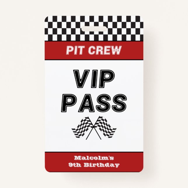 Race Car Birthday Party Pit Crew VIP Pass Pit Stop Badge (Front)