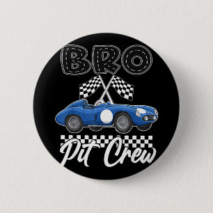 Race car birthday party racing family bro pit crew button
