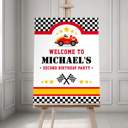 Race car birthday party welcome signage poster
