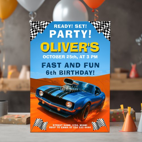 Race Car Birthday Party with Blue Hot Rod Invitation