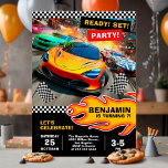 Race car birthday party with sports cars invitation<br><div class="desc">Bring the thrill of the racetrack to your celebration with this dynamic race car birthday design. Featuring bold sports cars,  checkered flags,  and fiery details,  it sets the perfect tone for an exciting party filled with speed,  fun,  and unforgettable moments.</div>