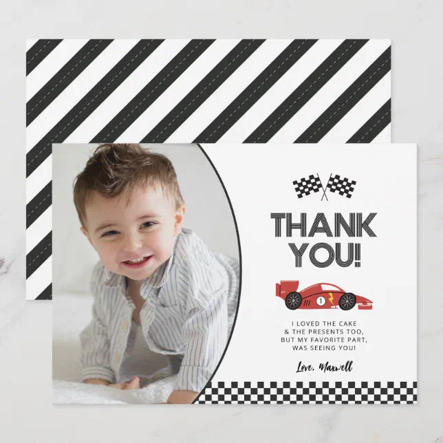 Race Car Birthday Thank You Card with Photo | Zazzle