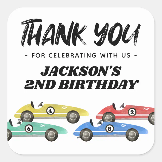 Race Car Birthday Thank You Square Sticker | Zazzle