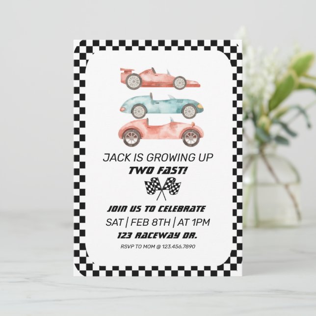 Race car Birthday, TWO fast, vintage car Invitation (Standing Front)