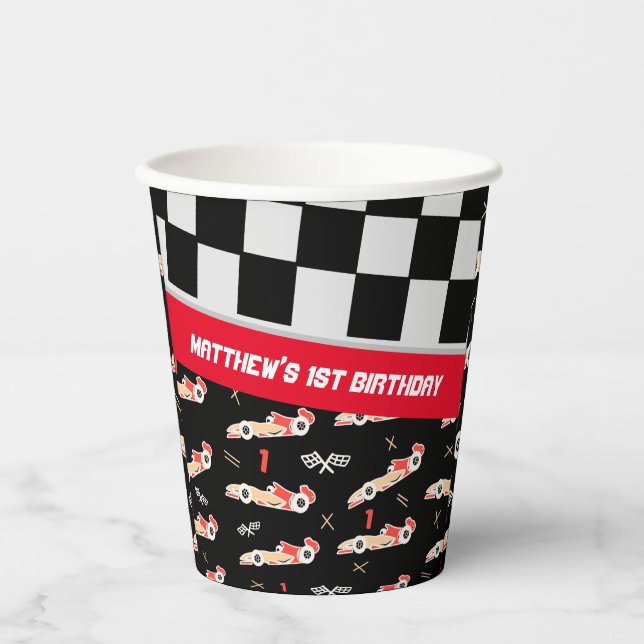 Race Car Black and Red First Birthday Custom Paper Cups (Front)