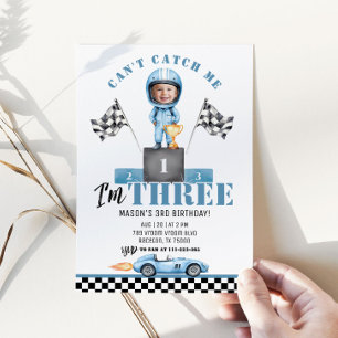Race car Blue Boy 3rd Birthday Racer Photo Invitation