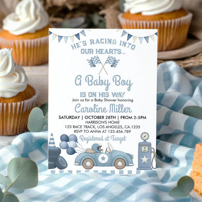 Race Car Blue Boy Baby Shower Invitation | Zazzle