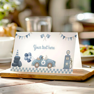 Race Car Blue Boy Baby Shower Party Food Tent Place Card