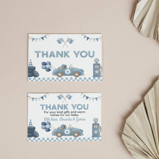 Race Car Blue Boy Baby Shower Thank You Card