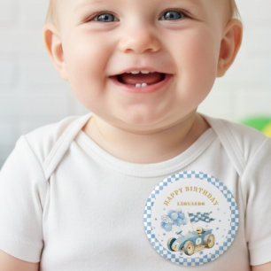 Race Car Blue Checkered Flag Boy First Birthday Button