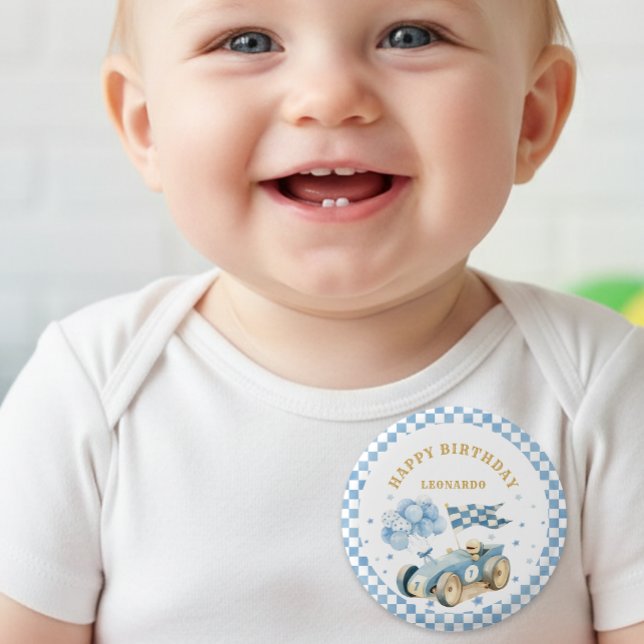 Race Car Blue Checkered Flag Boy First Birthday  Button (Creator Uploaded)