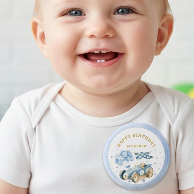 Race Car Blue Watercolor Boy First Birthday  Button (Creator Uploaded)