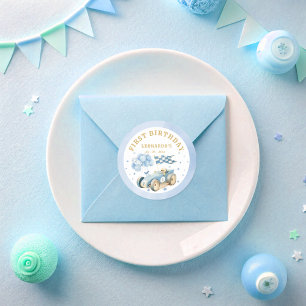 Race Car Blue Watercolor Boy First Birthday  Classic Round Sticker