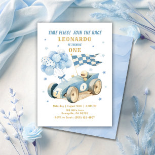 Race Car Blue Watercolor Boy First Birthday Invitation