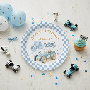 Race Car Blue Watercolor Boy First Birthday  Paper Plates