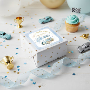 Race Car Blue Watercolor Boy First Birthday Square Sticker