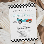 Race Car Boy Baby Shower Invitation<br><div class="desc">Cute race car theme baby shower invitation card featuring illustration of a blue vintage car with flames. The text says "race on over for a baby shower." Perfect for your boy's baby shower.</div>