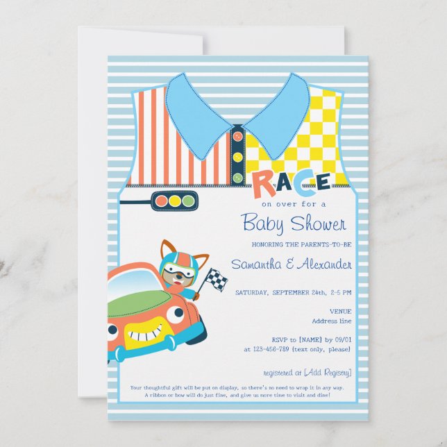 Race Car Boy Blue Fox Race Car Driver Baby Shower Invitation (Front)