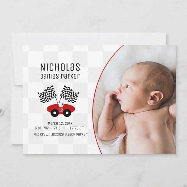 Race Car Checker Flag Birth with Photo Invitation (Front)