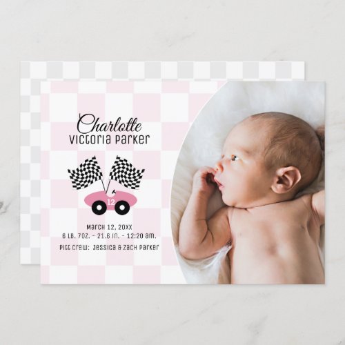 Race Car Checker Flag Birth with Photo Pink Invitation