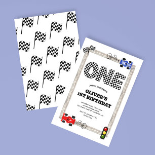 Race Car Checker Flag Boy's 1st Birthday Invitation